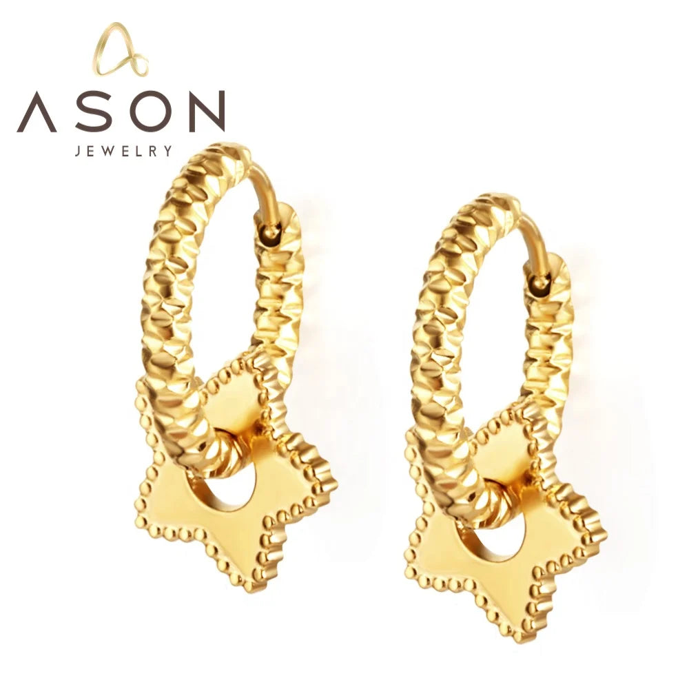 Ason Elegant New Arrival Gold Plated 18K Earrings Stainless Steel Jewelry Star Pendant Hoop Earrings
