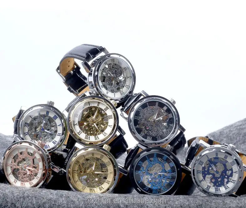 Hot Selling  Leather Band Stainless Steel Men Skeleton Hand Wrist Mechanical Watch