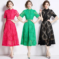 S-4XL High Waist A-Line Short Sleeve Dress Runway Dresses Women Elegant Boho Vintage Spring Autumn Luxury Party Lace Embroidery