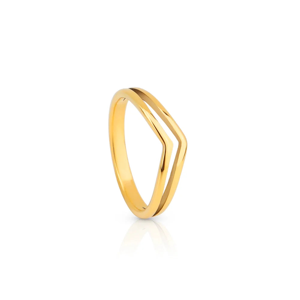 Chris April 316L Stainless Steel PVD Gold Plating Arrow V Shape Double Layers Hollowed Out Ring