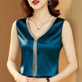 3059# Summer Fashion Sleeveless Satin Blouse Woman V Neck Solid Elegant Diamond Shirt Loose Casual Silk Top Blusas