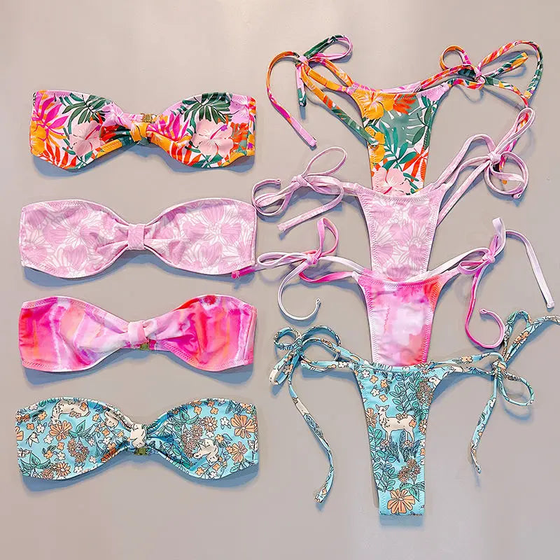 Custom Bathing Suit Drawstring String Tanga Bikini Set Swimsuit 2 Piece Set 3d Digital Printing Women Swimwear Thong Bikini Set
