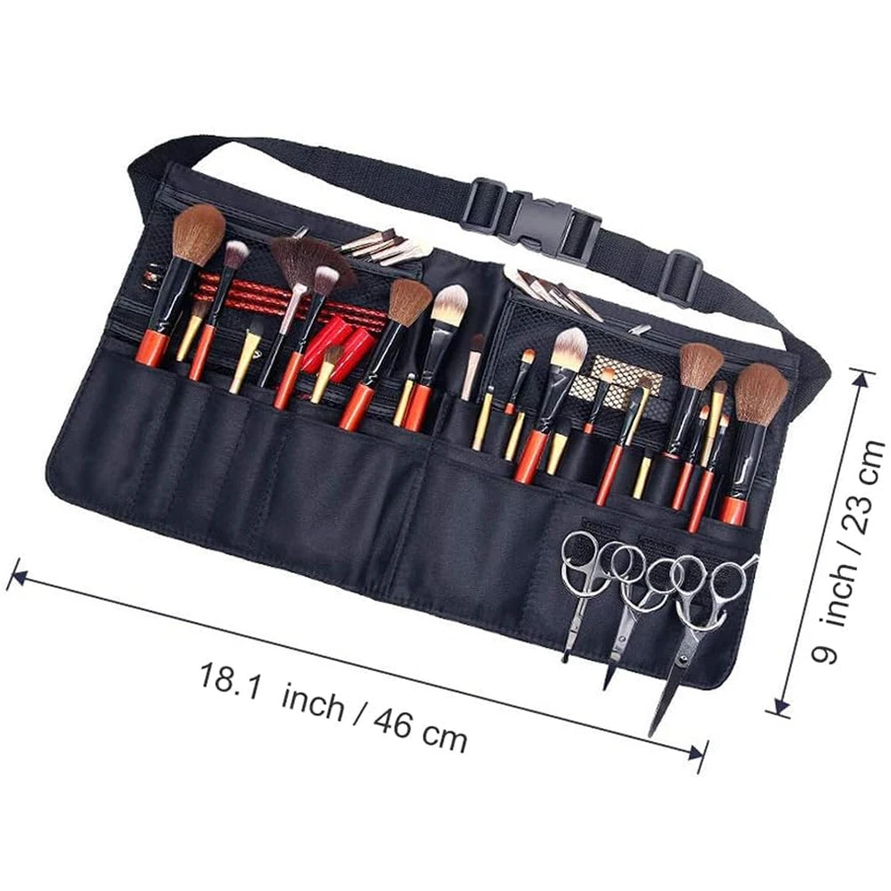 Artist Professional Portable Black Nylon Make up Brush Bag with Waist Strap and Lots of Slots and Pockets
