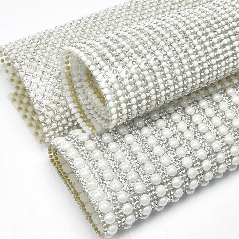 24*40cm Rhinestone Mesh Trim Hot Fix Ceramics Pearl Sheet Applique Glass Crystal Banding Ribbon for Clothes ShoesBags