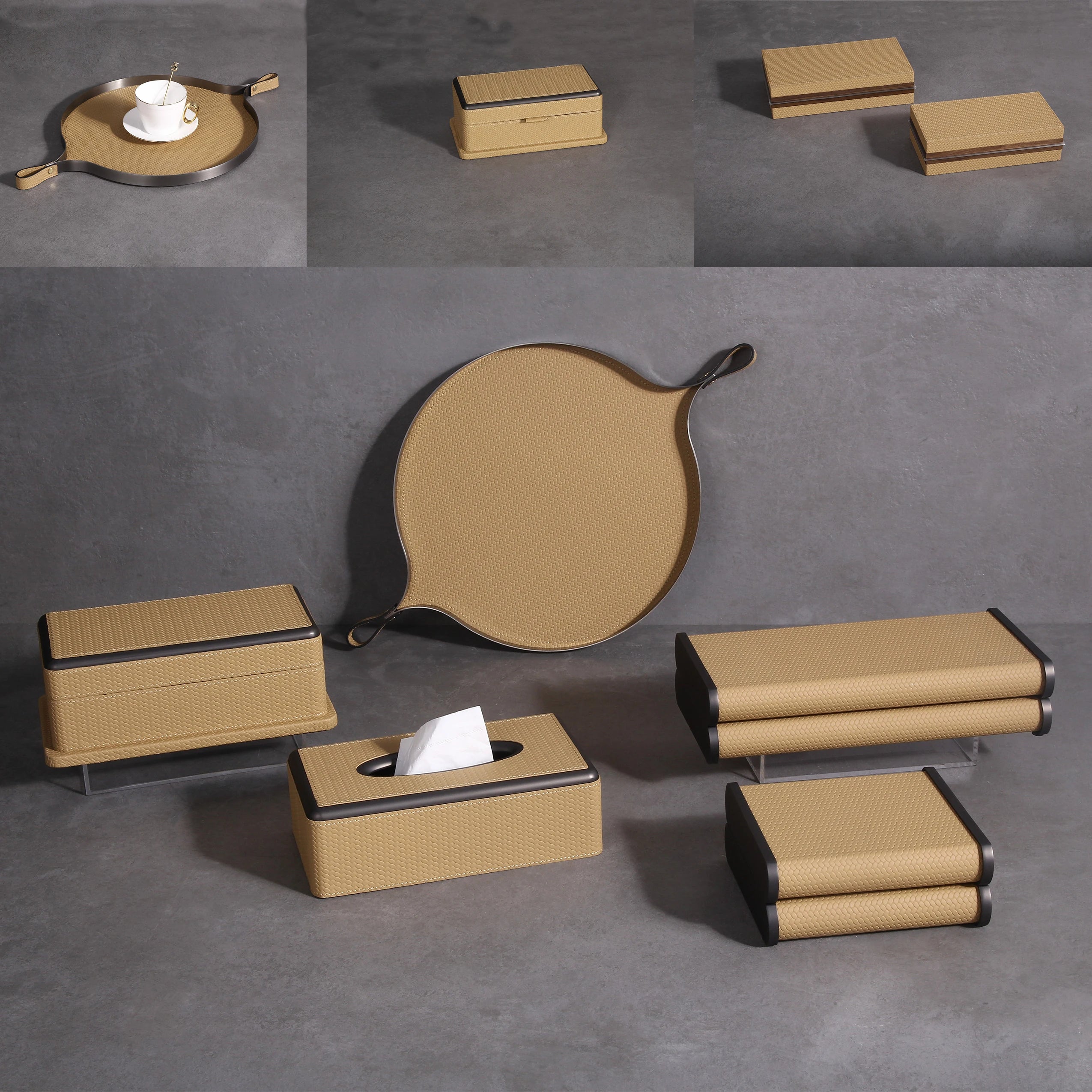 M3-001 Luxury Leather Decorative Tray Handmade Rectangle Jewelry Set with Tissue Boxes Ornaments Modern European Home Decor