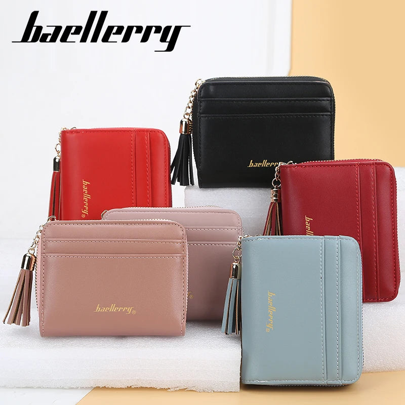 Baellerry Cute Short Bifold Card Holder Wallet for Women Little Purse with Leather Tassel Synthetic Leather Lining