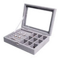 Hot Sale Wood Frame Gray Velvet Ring Earring Necklace Jewelry Organizer Women Storage Case With Glass Window
