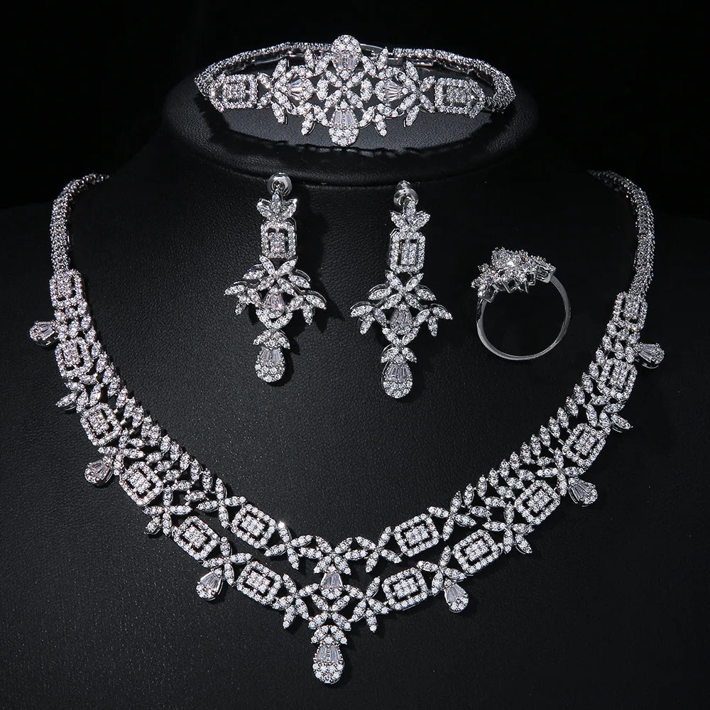 Luxury Nigeria CZ Crystal Wedding 4pcs Bridal Zirconia Full UAE Dubai Jewelry Sets for Women Party