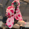 Harajuku Heart-shaped Printed Plush Jacket Women Korean Version of the Bear Long-sleeved Hooded Jacket Thickened Warm Couple Str