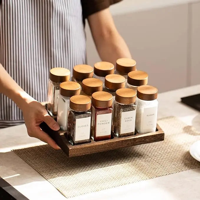 OEM 120ml Eco-Friendly Home Kitchen Spice Jar with Acaica Wood Lid and Labels Stickers Set 4OZ Empty Spice Bottle Jar