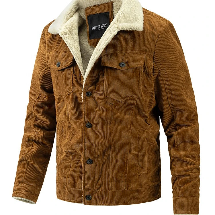 Men's Winter Jacket Retro Corduroy Sherpa Collar Button Outwear Warm Trench Coat Fleece Lining Casual Long Clothing Canvas