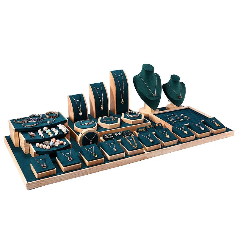 Solid Wood Display Rack in Black Green & Spot for Jewelry Counter Ring Earrings Necklace Pendant Jade Storage Display PE