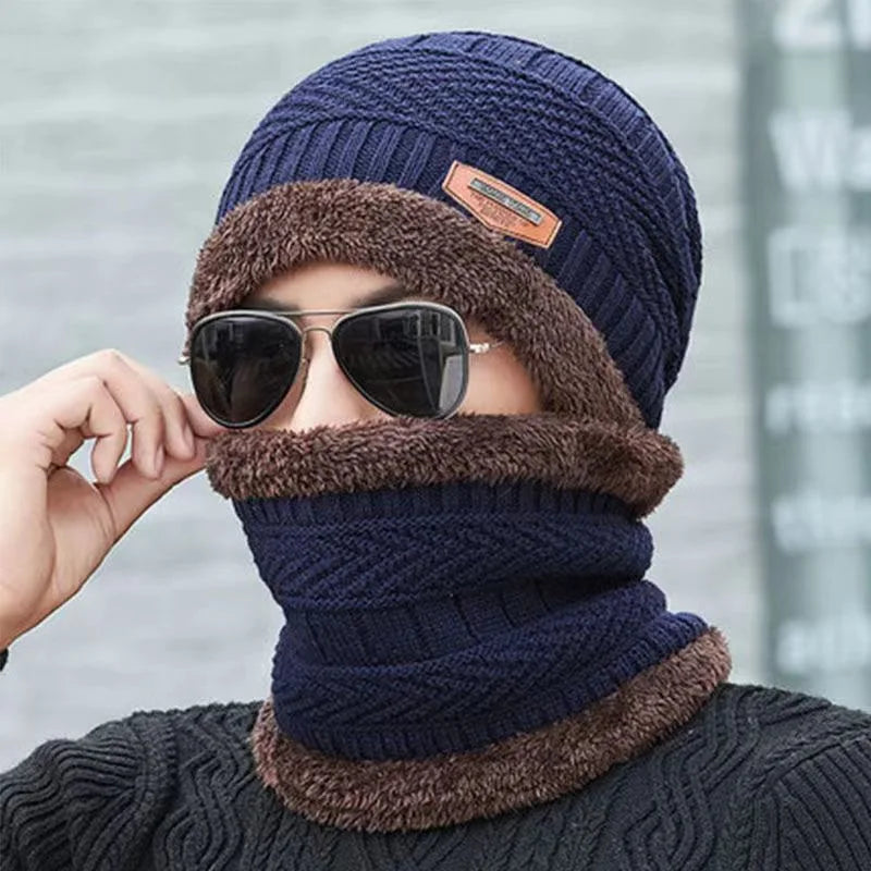 Winter Beanie Hat for Men Knitted Hat Winter Cap Beanie Women Thick Wool Neck Scarf Cap Balaclava Mask Bonnet Hats Set R0780