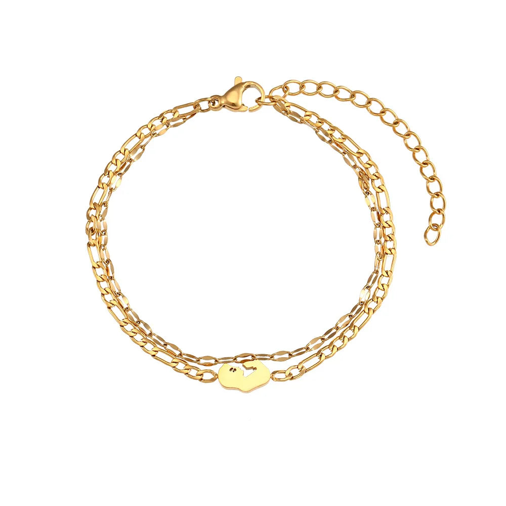 Fashion New Style Stainless Steel 18k Gold Plated Multilayer Star Heart Map Bead Snake Chain Bracelet