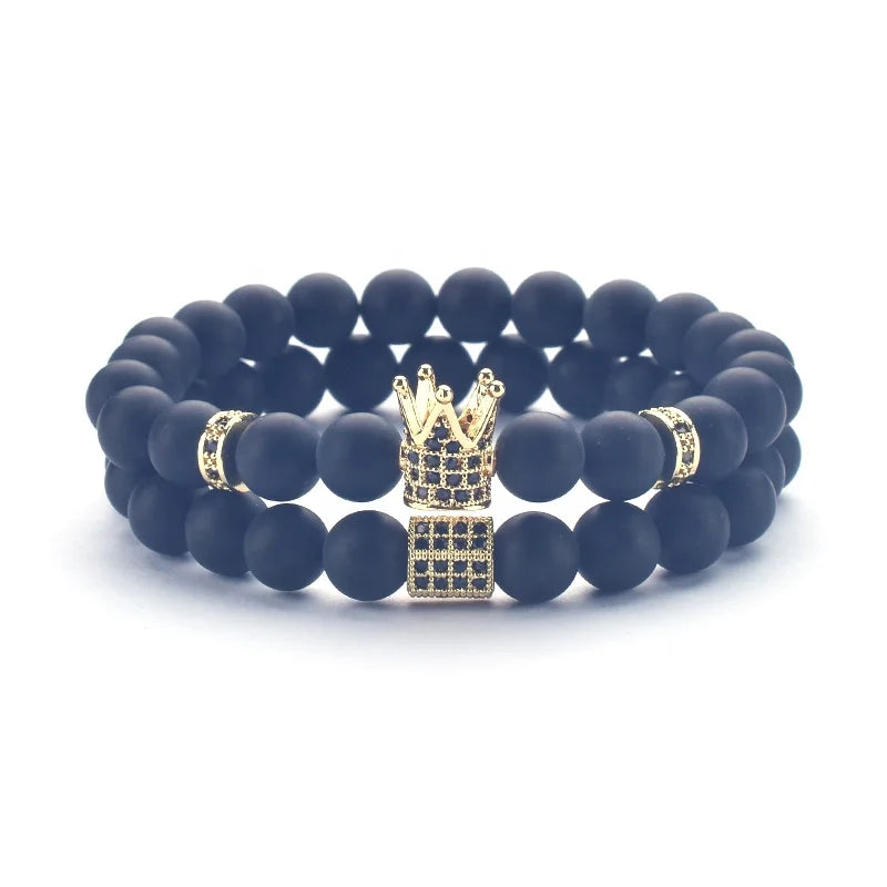 Men's Vintage Gold Plated Bracelet Natural Obsidian Beads Crown Lucky Stone for Anniversaries Worn Alone Stackable Main Alloy