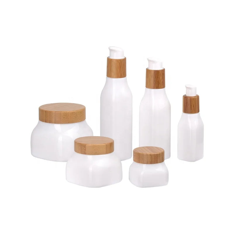 square Glass Jar 250 ml  150 ml 50 ml  Face Cream Jar with Bamboo Lid and 40 ml 100 ml 120 ml square Glass Bottle with Pump