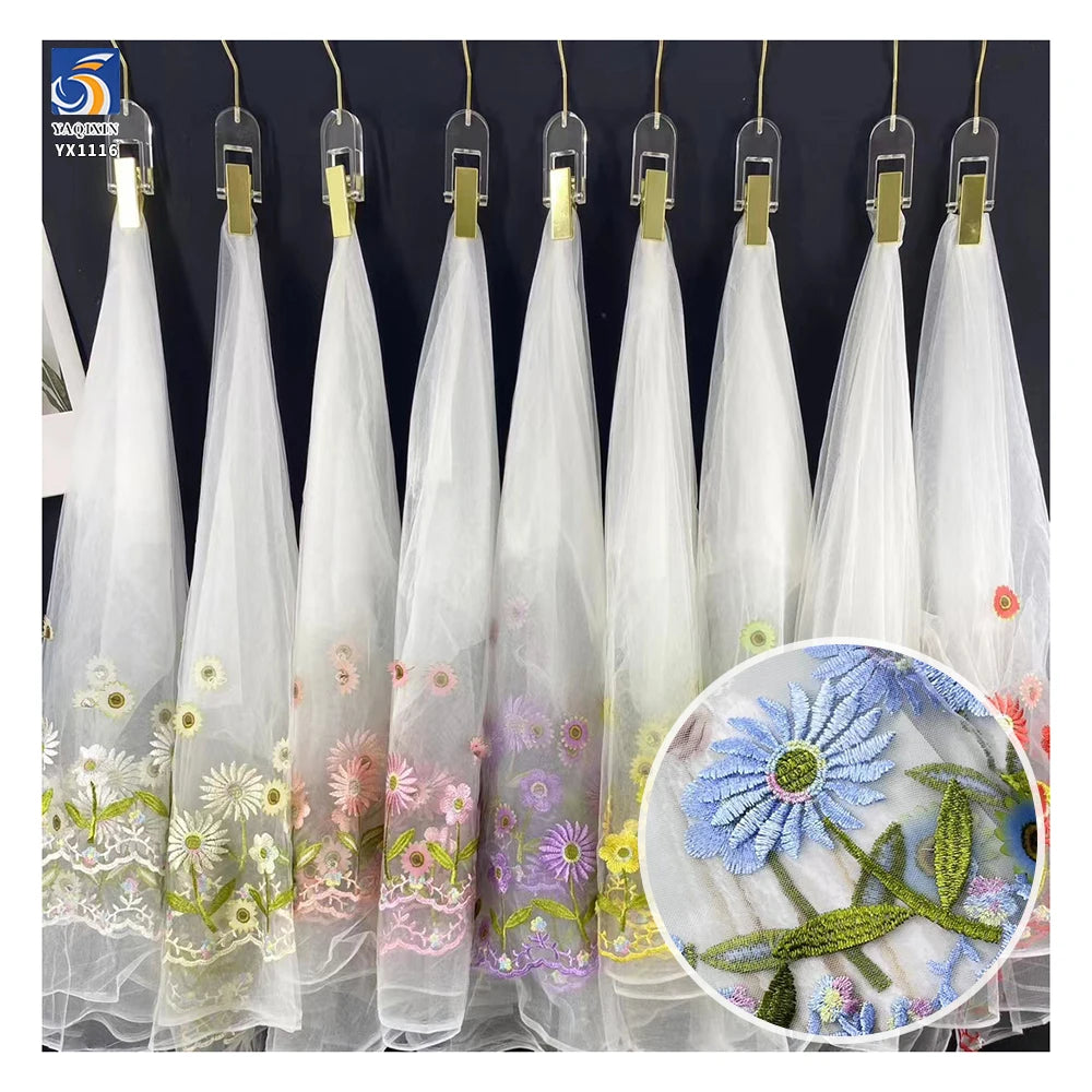 YX1116 Classic Chinese Embroidered Fabric 140cm Width Floral Grass Plant Pattern Colorful Embroidery Tulle Fabric for Hanfu
