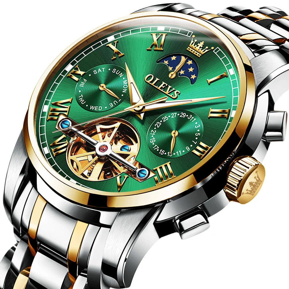 High-end Moon Phase Week Display Hollow Out Luminous Hands Luxury Men Skeleton Automatic Mechanical Watch