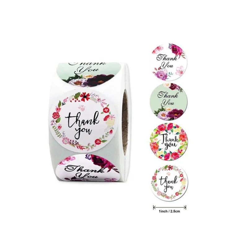 500pcs/roll Waterproof Adhesive Laminate Kraft Paper Personalised Thank You Flower Design Stickers