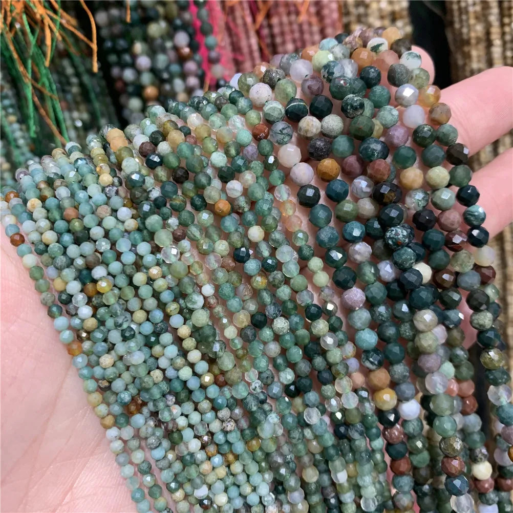 Round Faceted Stones Loose Natural  Indian Agate 2mm 3mm 4mm Crystal Beads for Necklace Jewelry Making