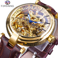 Forsining Men Golden Watches Fashion Blue Hands Mens Automatic Self-wind Watches Top New Brown Genuine Leather Luminous Hands