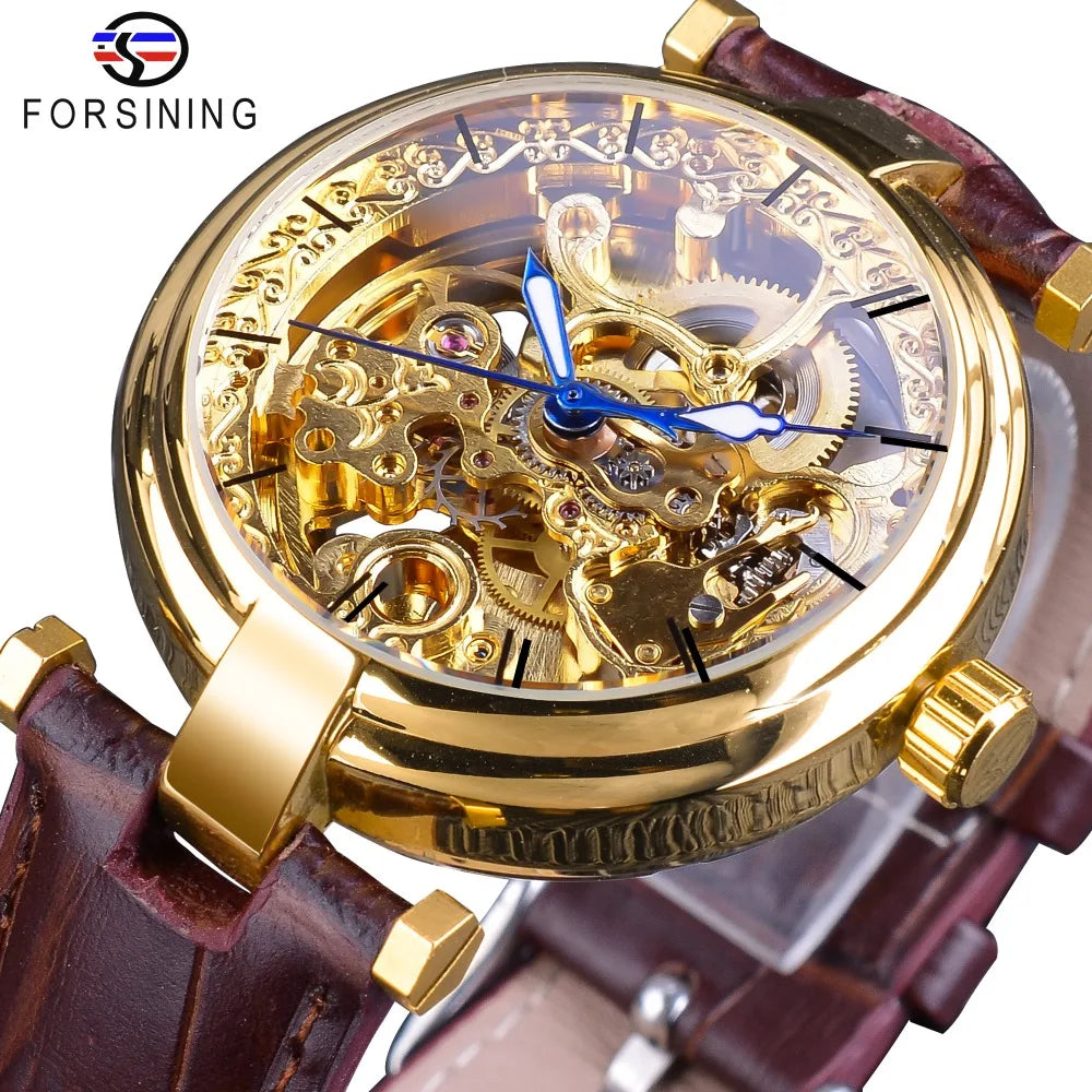 Forsining Men Golden Watches Fashion Blue Hands Mens Automatic Self-wind Watches Top New Brown Genuine Leather Luminous Hands