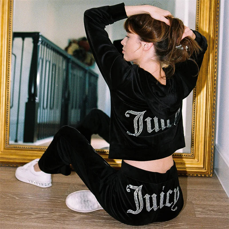 In Stock Fall Clothes Solid Color Velvet Two Piece Pants Set Zipper Pocket Jacket Drawstring Trousers Rhinestone Hoodie Sets