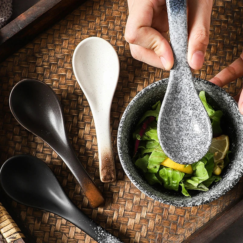 Retro Asian Japanese Korean Style Thick Big Round Colored Ceramic Ramen Noodle Soup Spoon