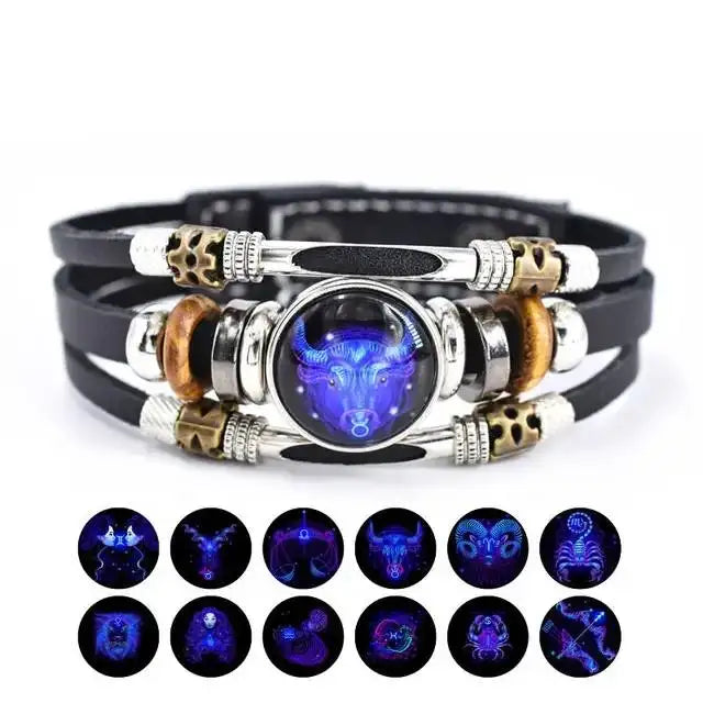 Retro Twelve Constellations Night Glow Couple Leather Rope Bracelet Personalized Three Layer Woven Beaded Leather Bracelet