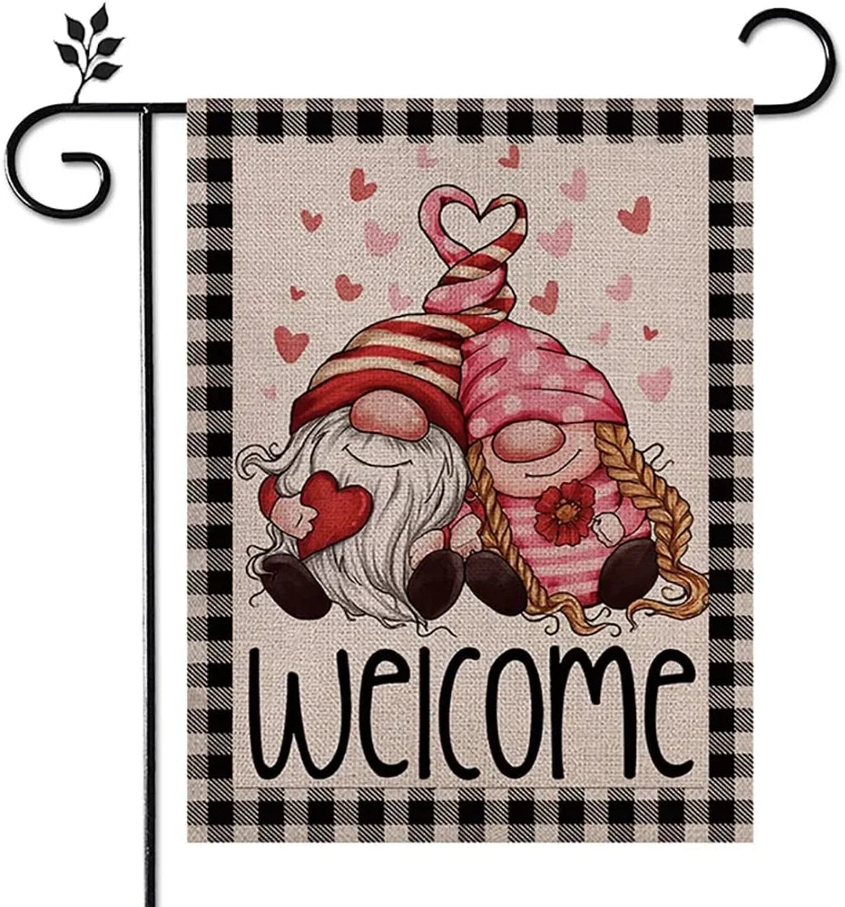 12x18IN Double Side Burlap Valentine's Day Welcome Gnomes Flag Valentine's Heart Applique Love Card Yard Flag