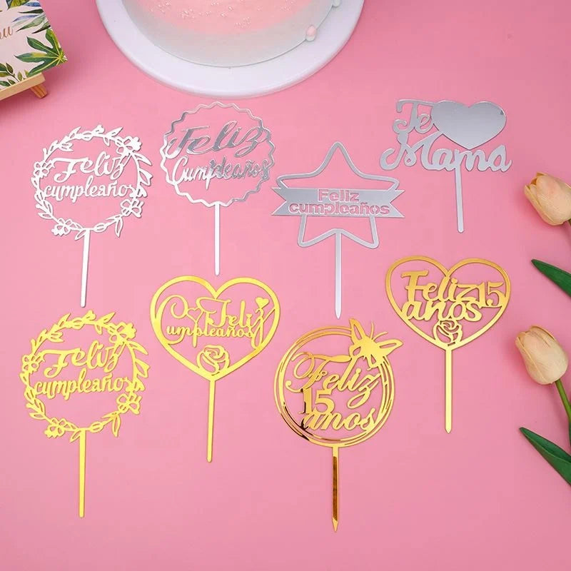 Happy Birthday Cake Decoration Silver Spanish Feliz Cumpleanos Cake Topper