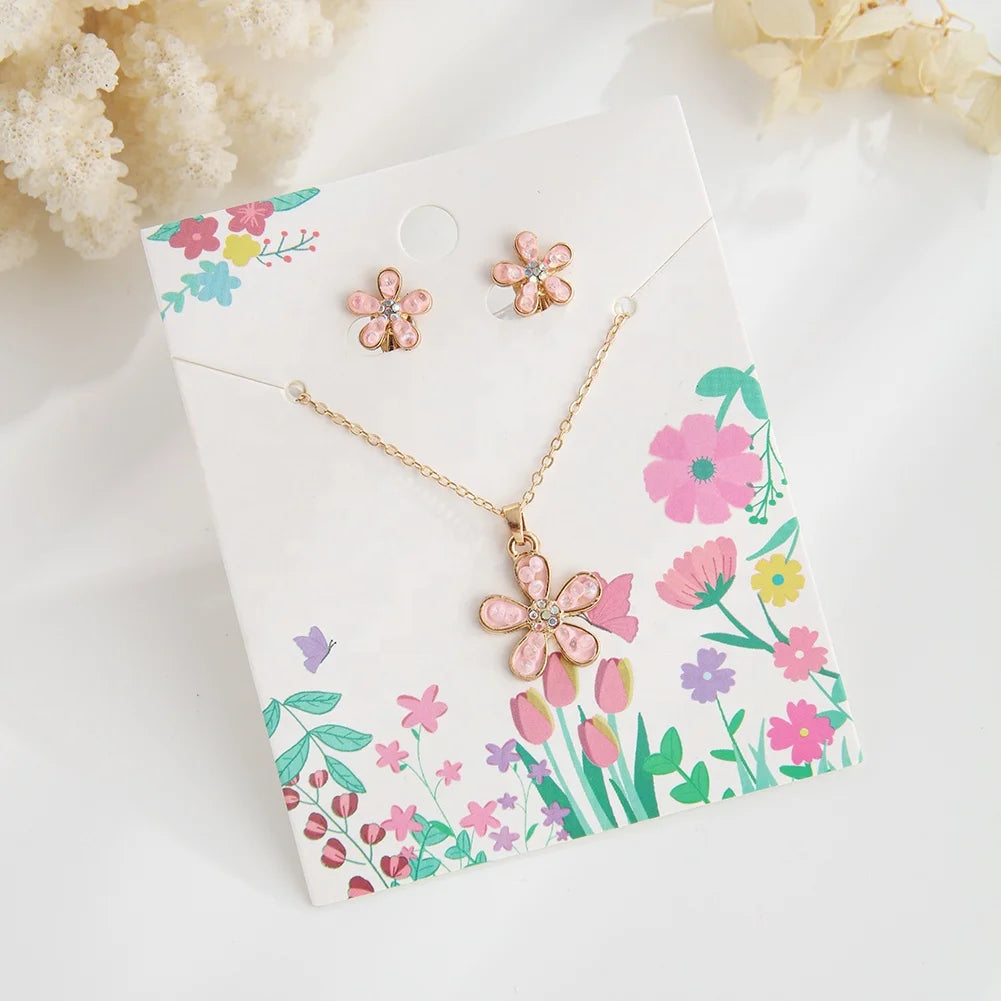 Best Friend Children's Necklace Earrings Jewelry Set Fashion Style with Gold Plated Copper Enamel Flower Pendant Cartoon Pattern