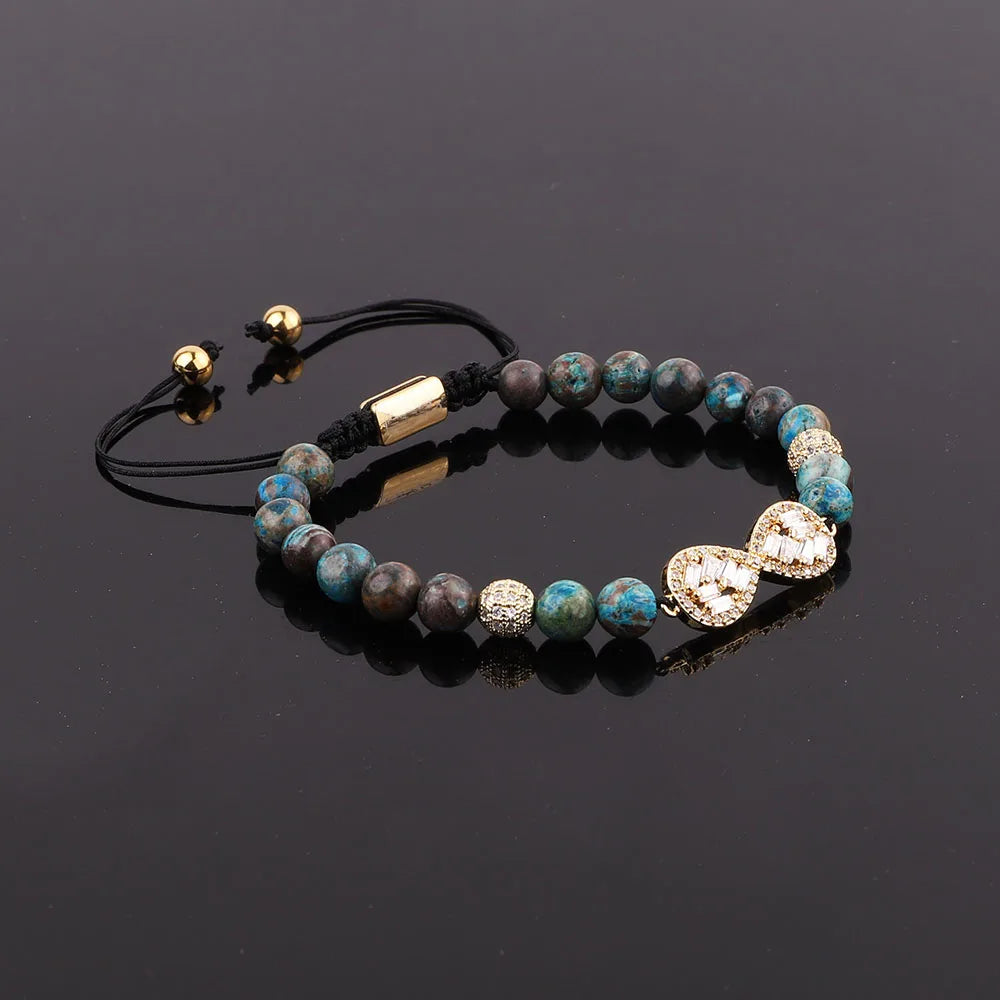 New Design Natural Stone Blue Lace Agate Cubic Zircon Infinity Charm Macrame Bracelet JBS12259