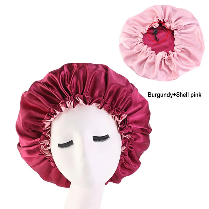 Fashionable Hotsale Double Layer Adjustable Satin Bonnets with Adjust Cord Shower Cap