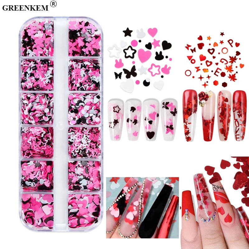 12 Grids Valentine's Day Pink Love Heart Sequins Sticker Decal Nail Charms Colorful Laser Butterfly Nail Sticker Decoration