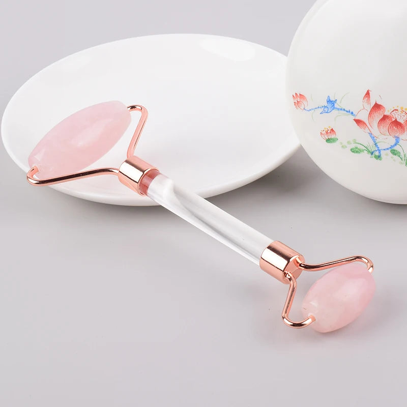 2026 Factory Direct and Gua Sha 2 In1 Roller Rose Quartz Straight Rod Glass Handle Face Roller