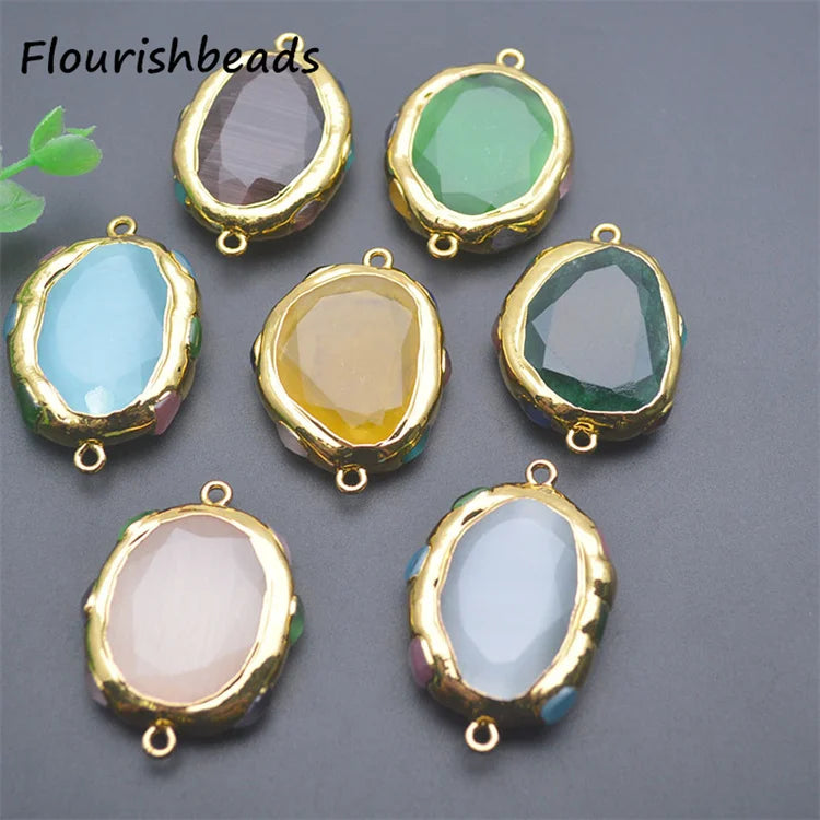Wholesale Gold Plated Oval Shape Colorful Synthetic Cat Eye Beads Double Loop Connector Charms Pendants for Jewelry Making