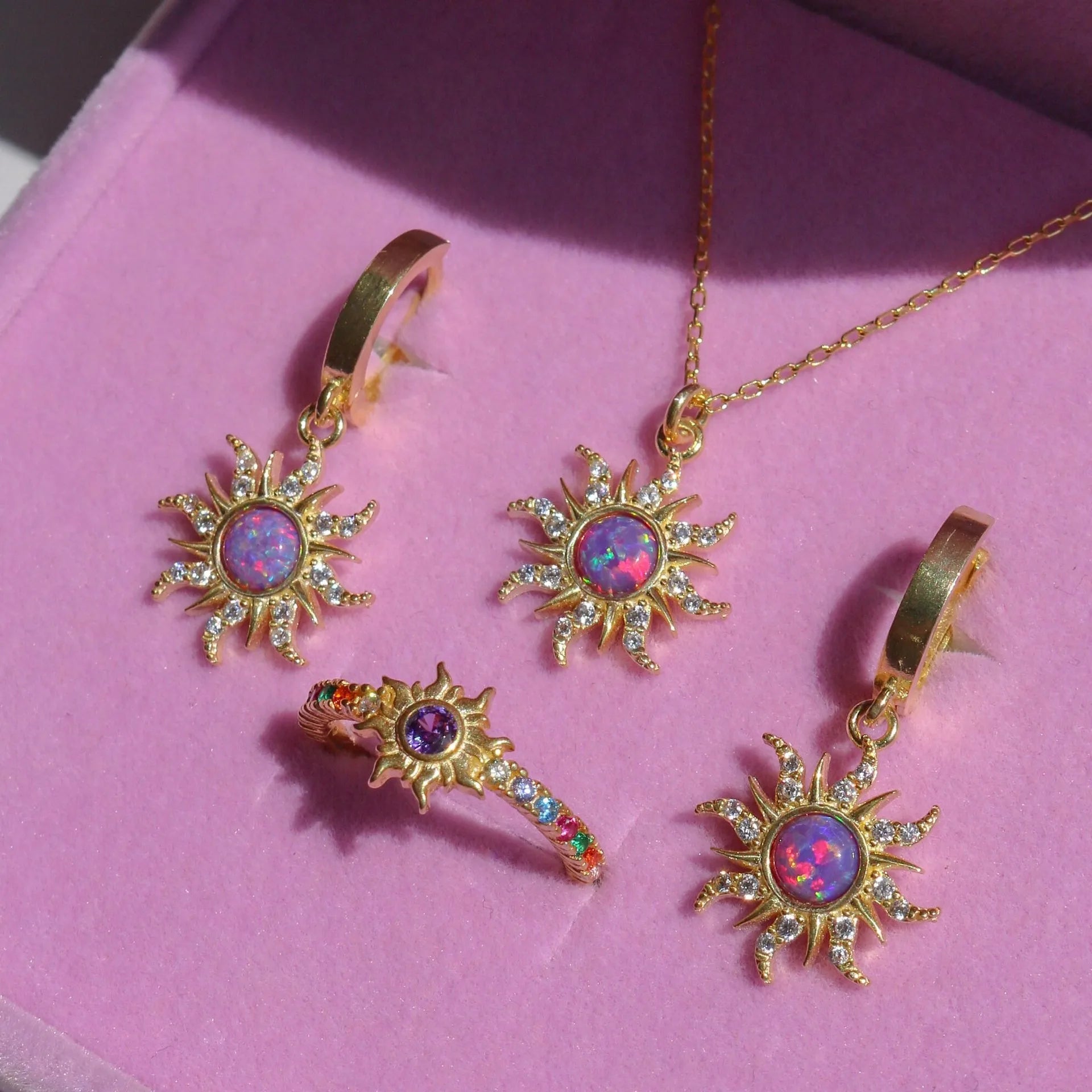 Super Shiny 18K Gold Plated Necklace Set Women Elegant Micro Set Crystal Zircon Opal Sun Shape Pendant Bracelet Ring Earrings