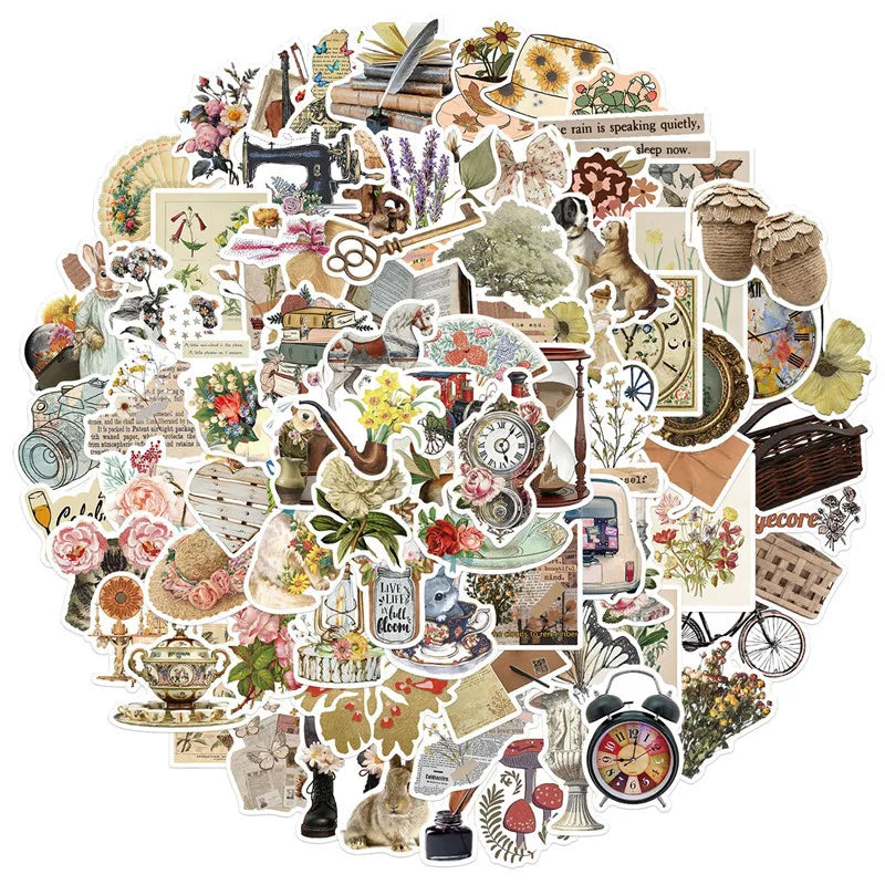 Wholesale Hot Selling 100 PCS Vintage Scrapbooking Retro Aesthetic Waterproof Stickers for Water Bottle Journal  Phone Case