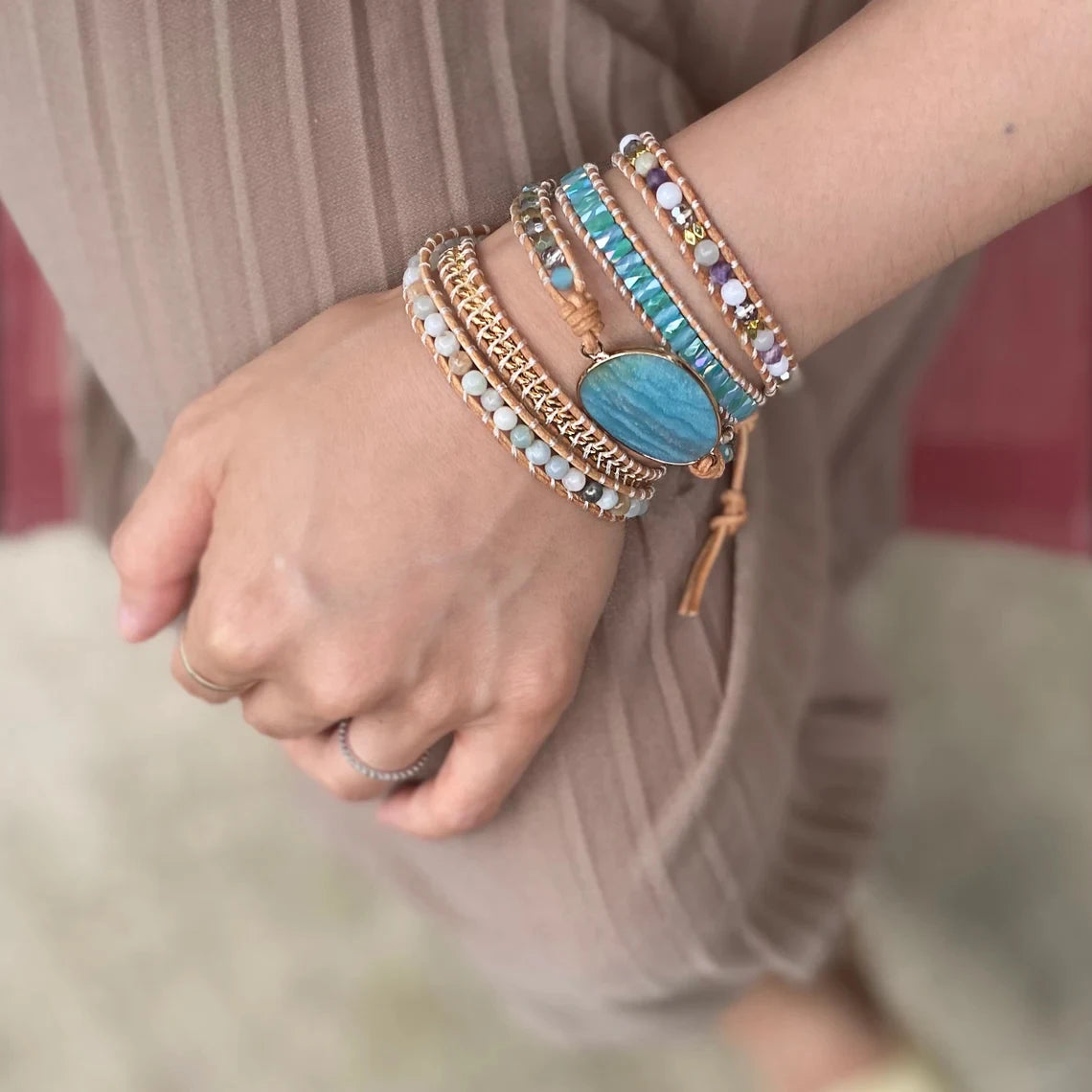 Boho Handmade Natural Stones Amethyst Charm Genuine Leather Style Healing Wrap Bracelet Woman Bead Bracelet for Her