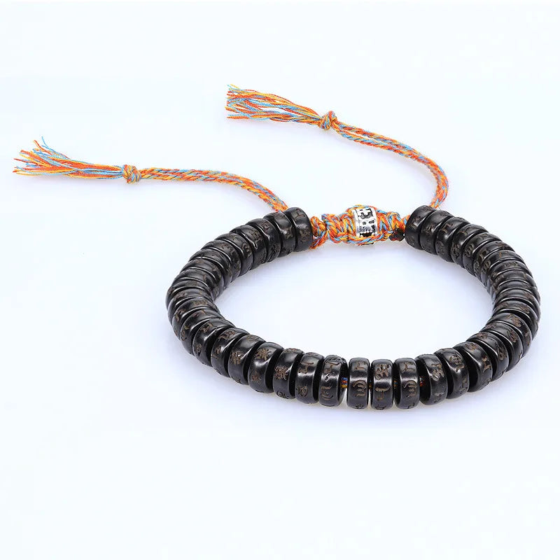Unisex Jewelry Six Word Proverbs Sanskrit Amulet Black Natural Coconut Shell Beads Religious Buddha Buddhism Bracelet