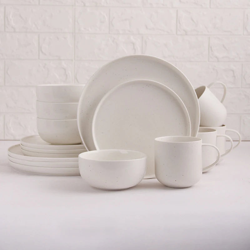 Matte White Dinnerware Sesame Point Porcelain Plate Tableware 16pcs Ceramic Dishes Plates Bowls  Mugs Service for 4 People