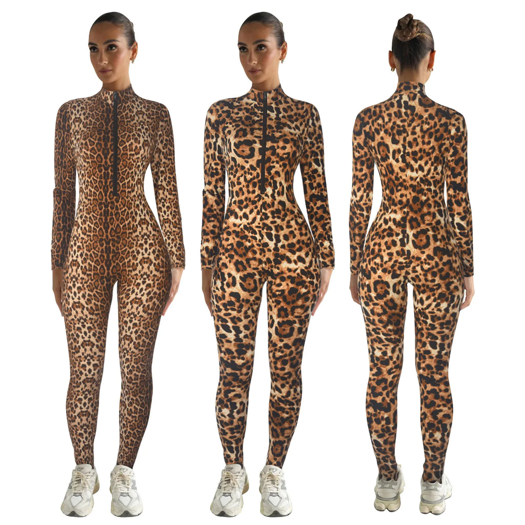 Autumn New Arrival Women Fashion Printed O Neck Front Zipper Bodysuit Club Wear Long Sleeve Jumpsuit for Women