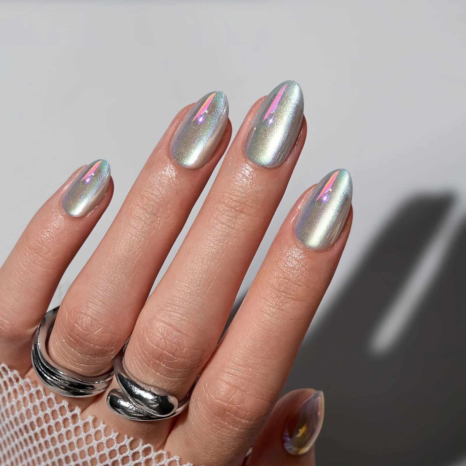 BTARTBOX Cat Eye False Fake Nails Faux Ongles Wholesale Short Almond Sliver Chrome Soft Gel Premium Handmade Press on Nails
