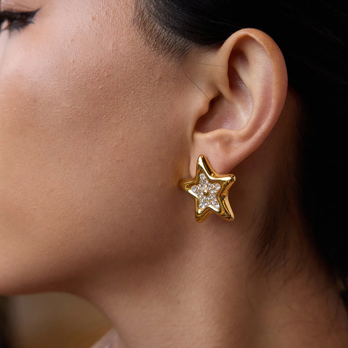 New Trendy 18K Gold Plated Stainless Steel Rhinestone Star Dainty Stud Earrings for Women INS Fine Star Fashion Jewelry