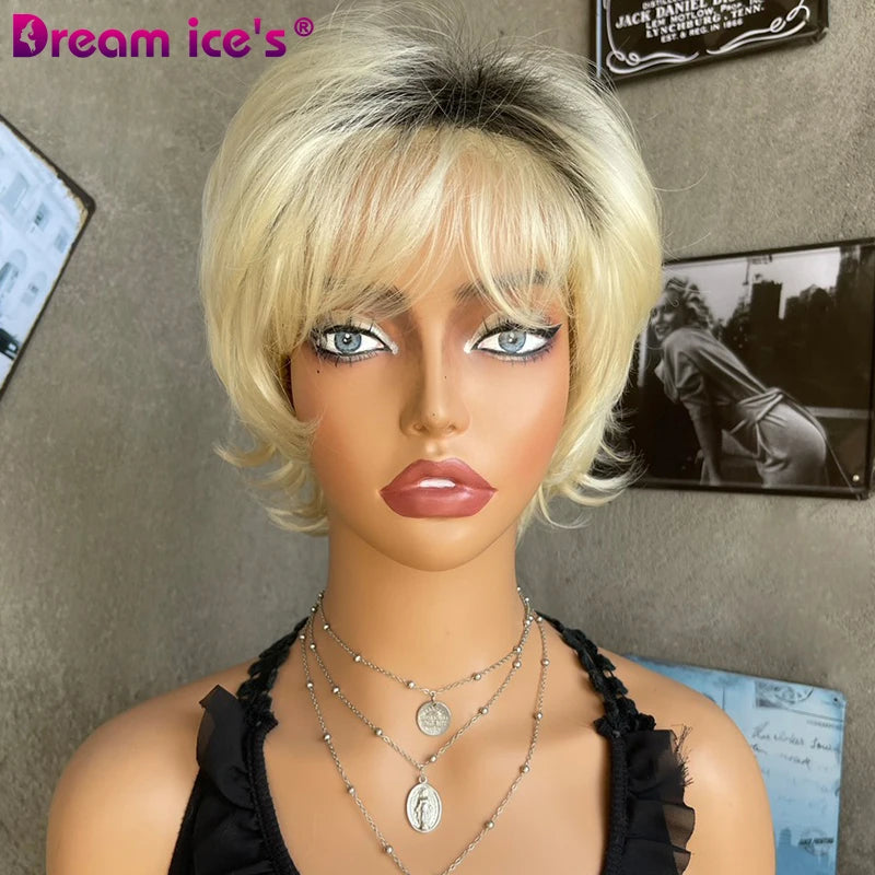 Dream.Ice's Hair Cheap Pixie Cut Short Synthetic Wigs for White Black Women With Ombre Light Blonde