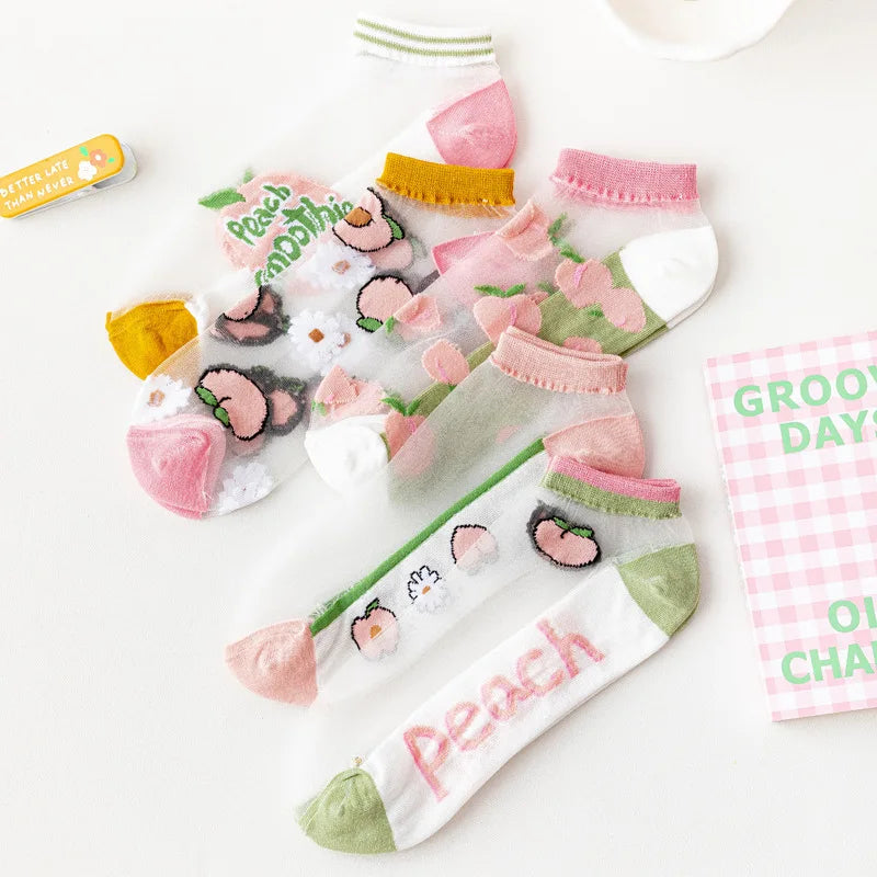 2023 Hot Summer Crystal Glass Fruit Ankle Socks Cute Thin Breathable Women Socks Transparent Socks