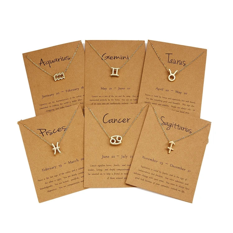 G305 Birthday Gift Gold Plated 12 Zodiac Sign Pendant Wish Card Charm Gold Chain Choker Astrology Necklace Jewelry for Women