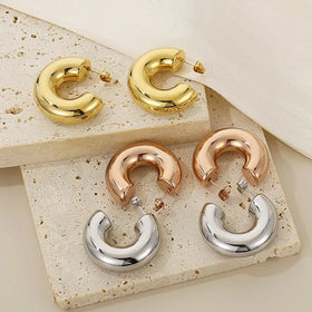 Women's Trendy Gold-Plated 361L Stainless Steel Jewelry Fashionable Large Chunky Thick Tube Chic Hoop Stud Earrings Party Gift