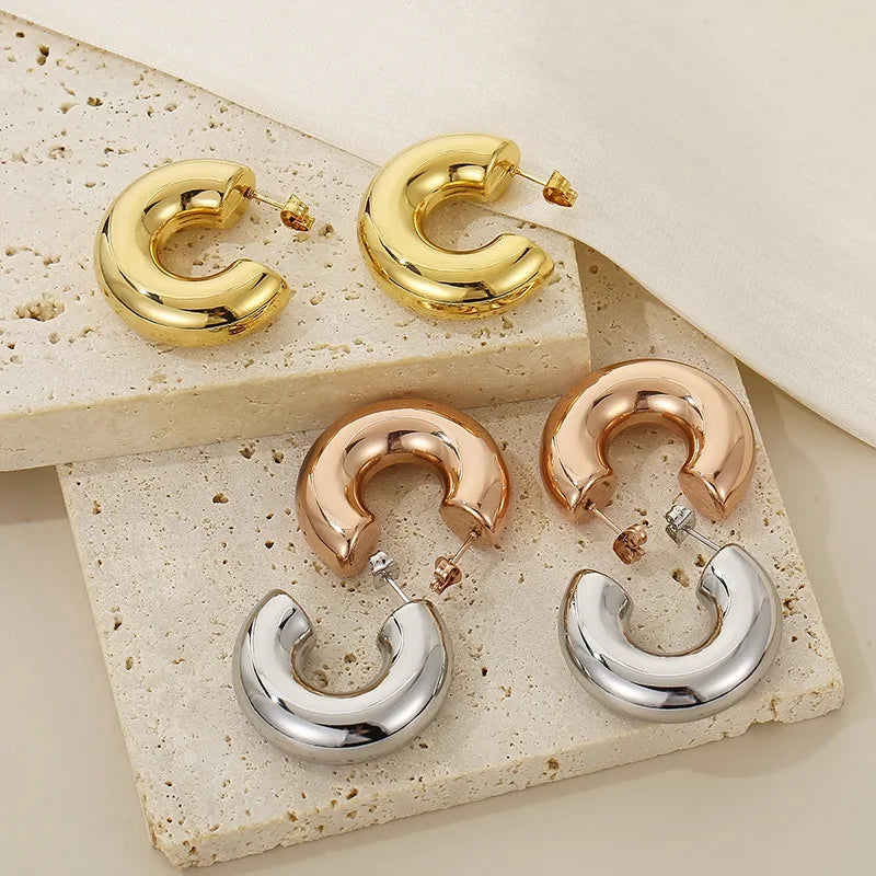 Women's Trendy Gold-Plated 361L Stainless Steel Jewelry Fashionable Large Chunky Thick Tube Chic Hoop Stud Earrings Party Gift